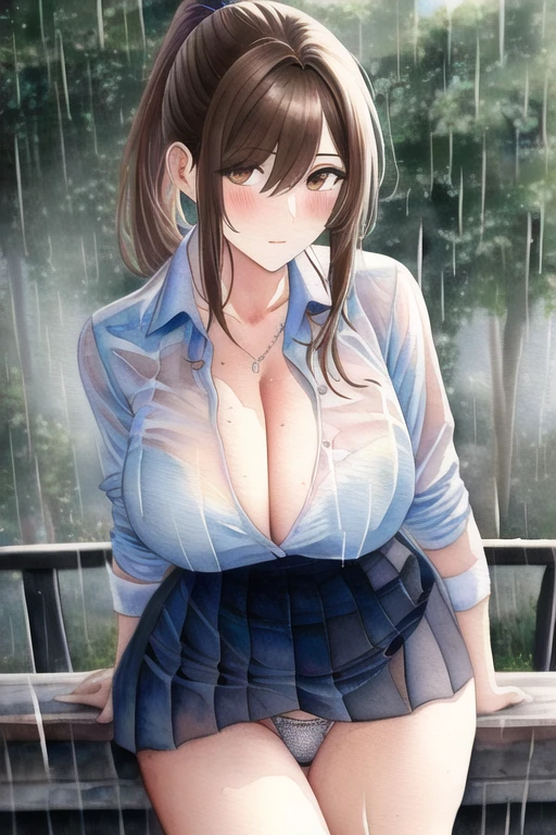 [NovelAI] ポニーテール 巨乳 屋外 水彩画 胸の谷間 傑作 雨 制服・学生服 透け透け 下着 [イラスト・二次元]